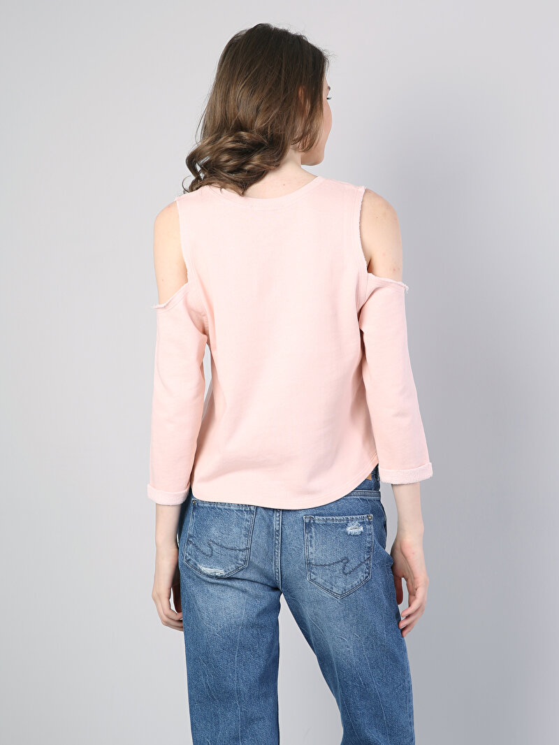 Pembe Omuz Dekolteli Baskılı Uzun Kol Sweatshirt