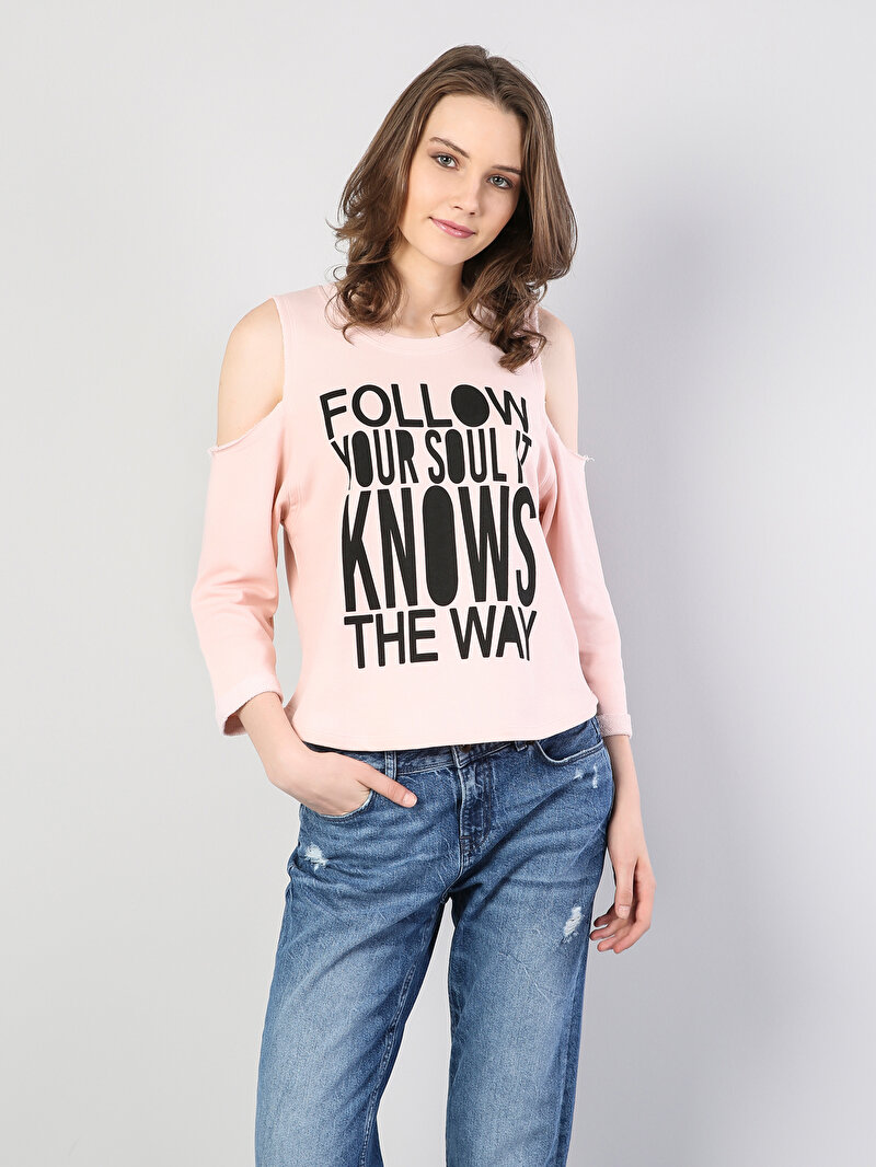 Pembe Omuz Dekolteli Baskılı Uzun Kol Sweatshirt