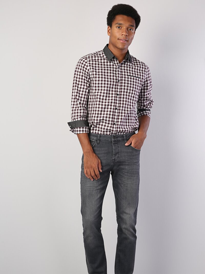 Slim Fit Placket Neck  Erkek Mor Kısa Kol Gömlek Cl1040558