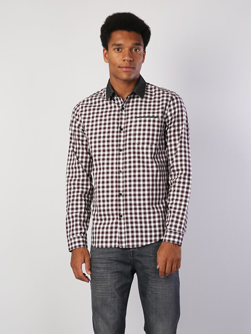 Slim Fit Placket Neck  Erkek Mor Kısa Kol Gömlek Cl1040558