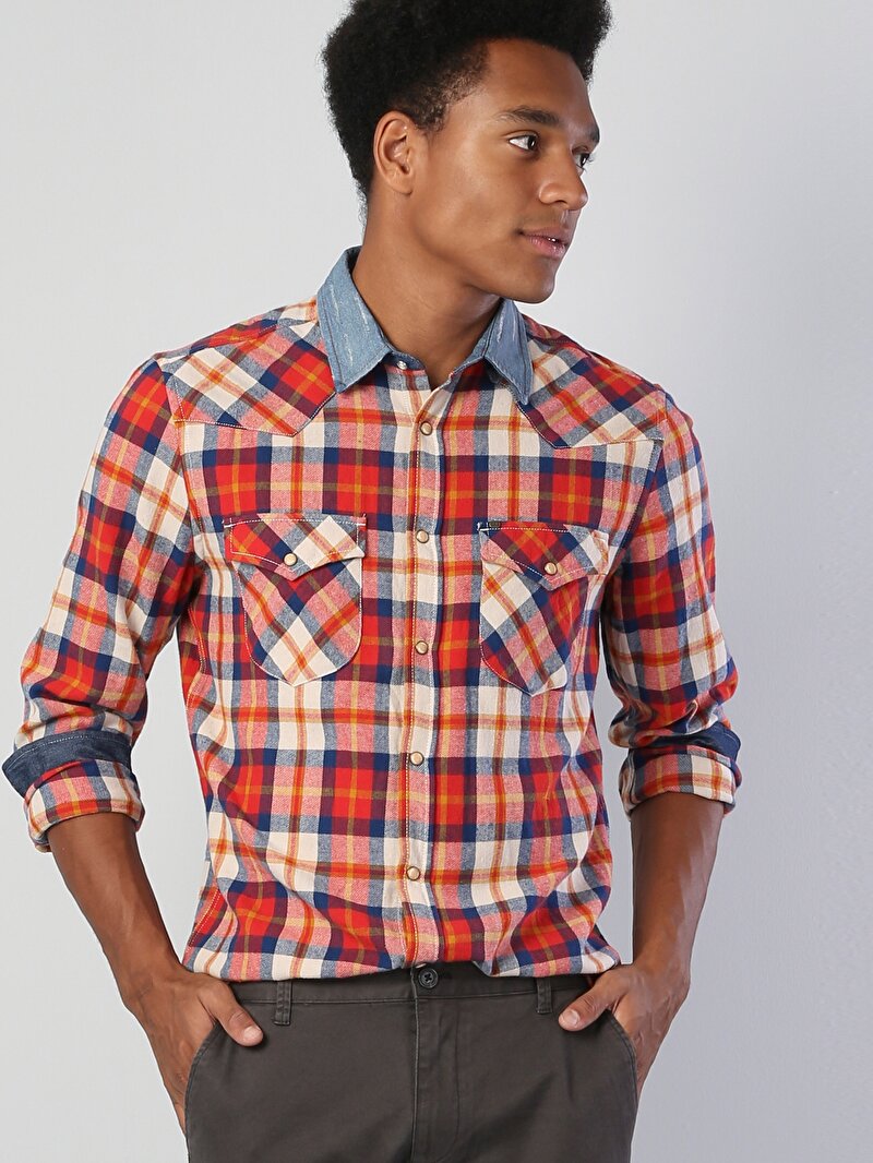  Modern Fit Shirt Neck Erkek Kiremit Uzun Kol Gömlek