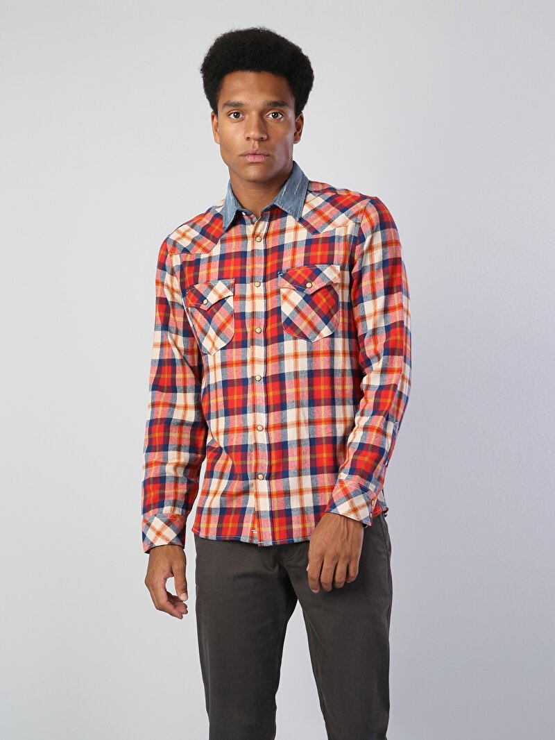  Modern Fit Shirt Neck Erkek Kiremit Uzun Kol Gömlek