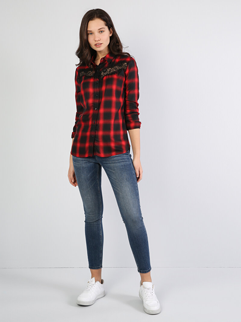 Süper Slim Fit Shirt Neck  Kadın Siyah Uzun Kol Gömlek Cl1036607