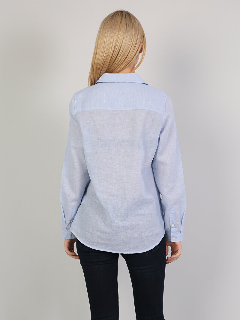Regular Fit Shirt Neck  Kadın Mavi Uzun Kol Gömlek
