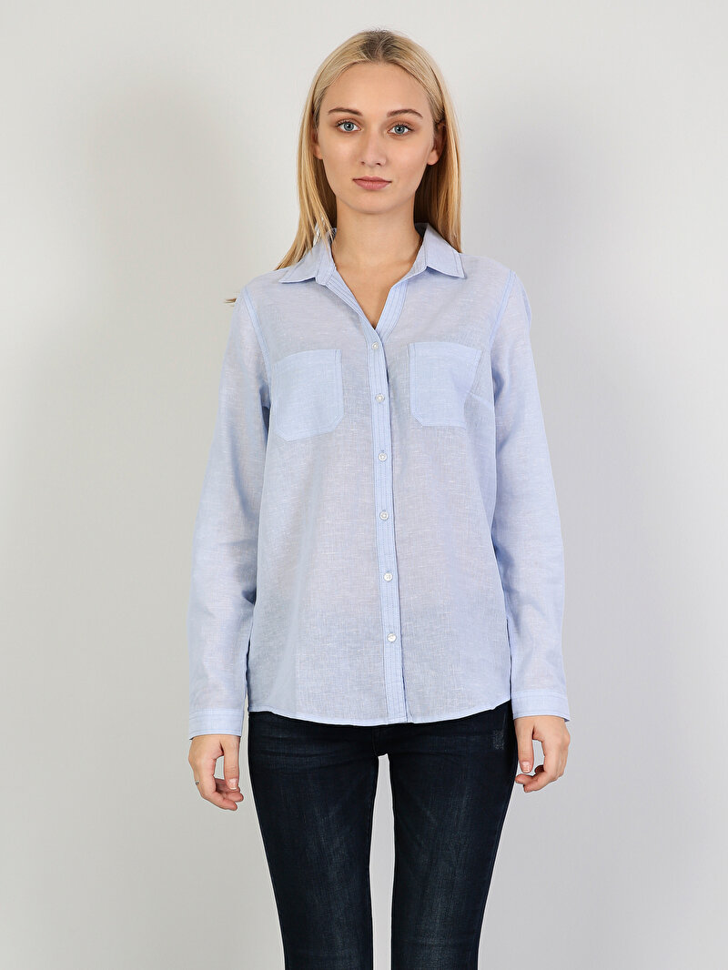 Regular Fit Shirt Neck  Kadın Mavi Uzun Kol Gömlek