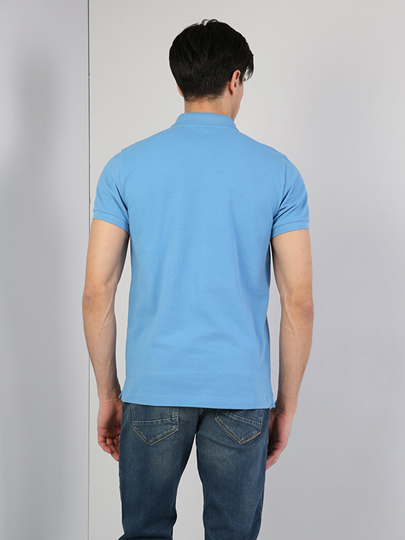 Classic Fit Polo Yaka Düz Erkek Mavi Kısa Kol Tişört