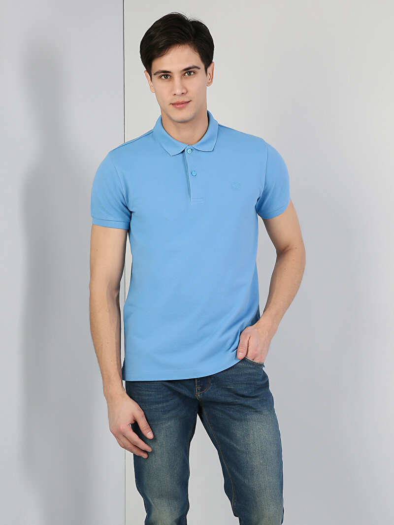 Classic Fit Polo Yaka Düz Erkek Mavi Kısa Kol Tişört
