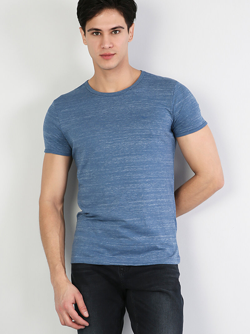 Slim Fit Yuvarlak Yaka Erkek Mavi Kısa Kol Tişört Cl1032624