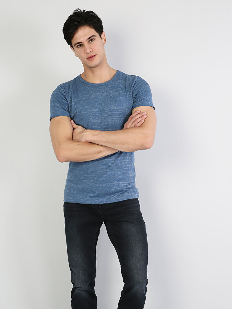 Slim Fit Yuvarlak Yaka  Erkek Mavi Kısa Kol Tişört Cl1032624