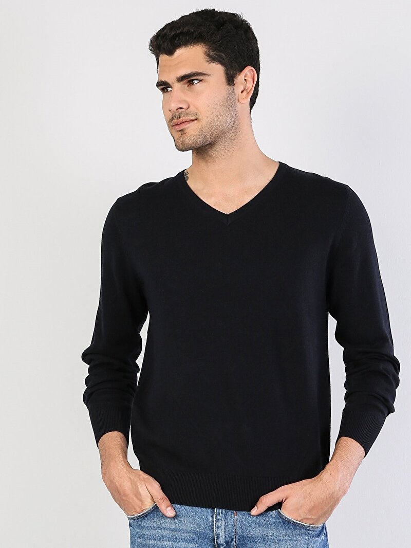 Regular Fit Yuvarlak Yaka  Erkek Lacivert Kazak Cl1023230