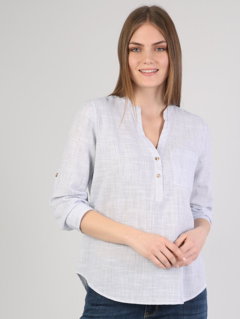 Regular Fit Hakim Yaka Kadın Mavi Uzun Kol Gömlek Cl1042851