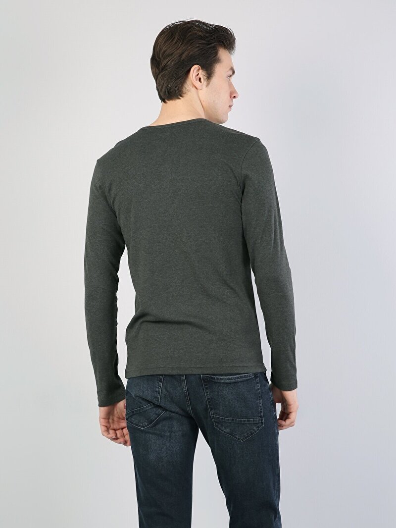 Slim Fit Placket Neck Düz Erkek Yeşil Uzun Kol Tişört