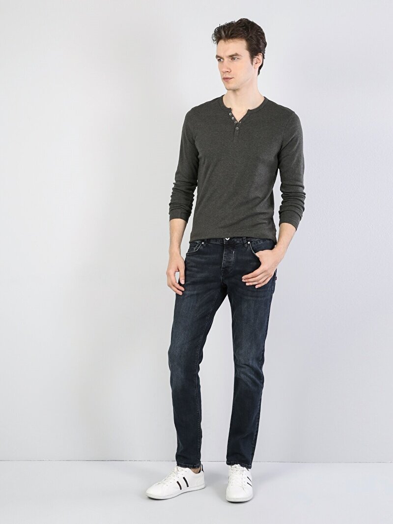 Slim Fit Placket Neck Düz Erkek Yeşil Uzun Kol Tişört