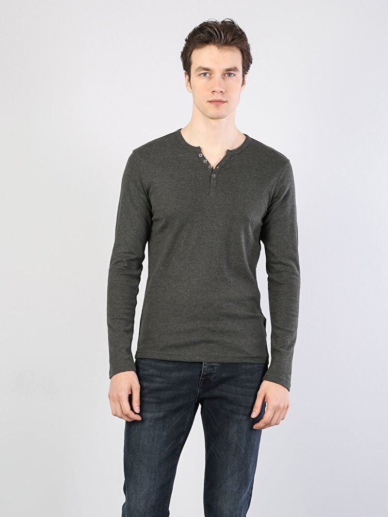Slim Fit Placket Neck Düz Erkek Yeşil Uzun Kol Tişört