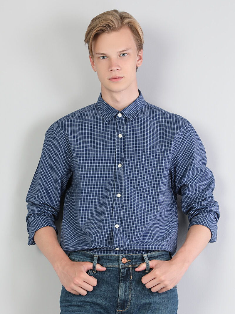 Regular Fit Shirt Neck  Erkek Mavi Uzun Kol Gömlek Cl1044332