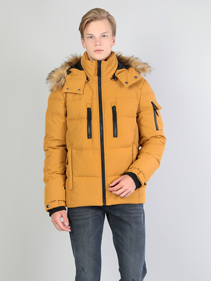  Regular Fit Kapüşonlu Erkek Sarı Mont