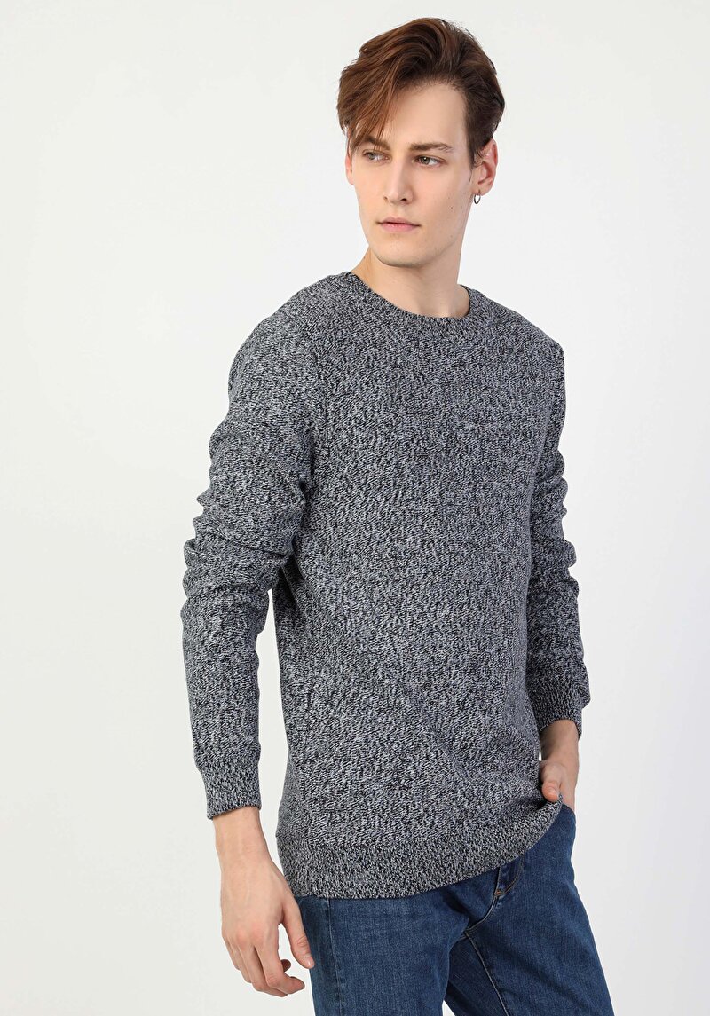 Slim Fit Yuvarlak Yaka Erkek Mavi Kazak