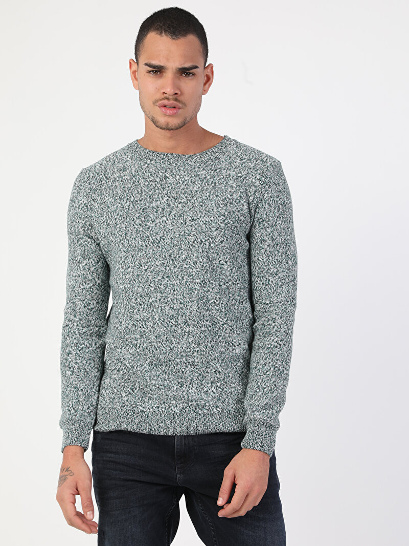 Slim Fit Yuvarlak Yaka Erkek Yeşil Kazak