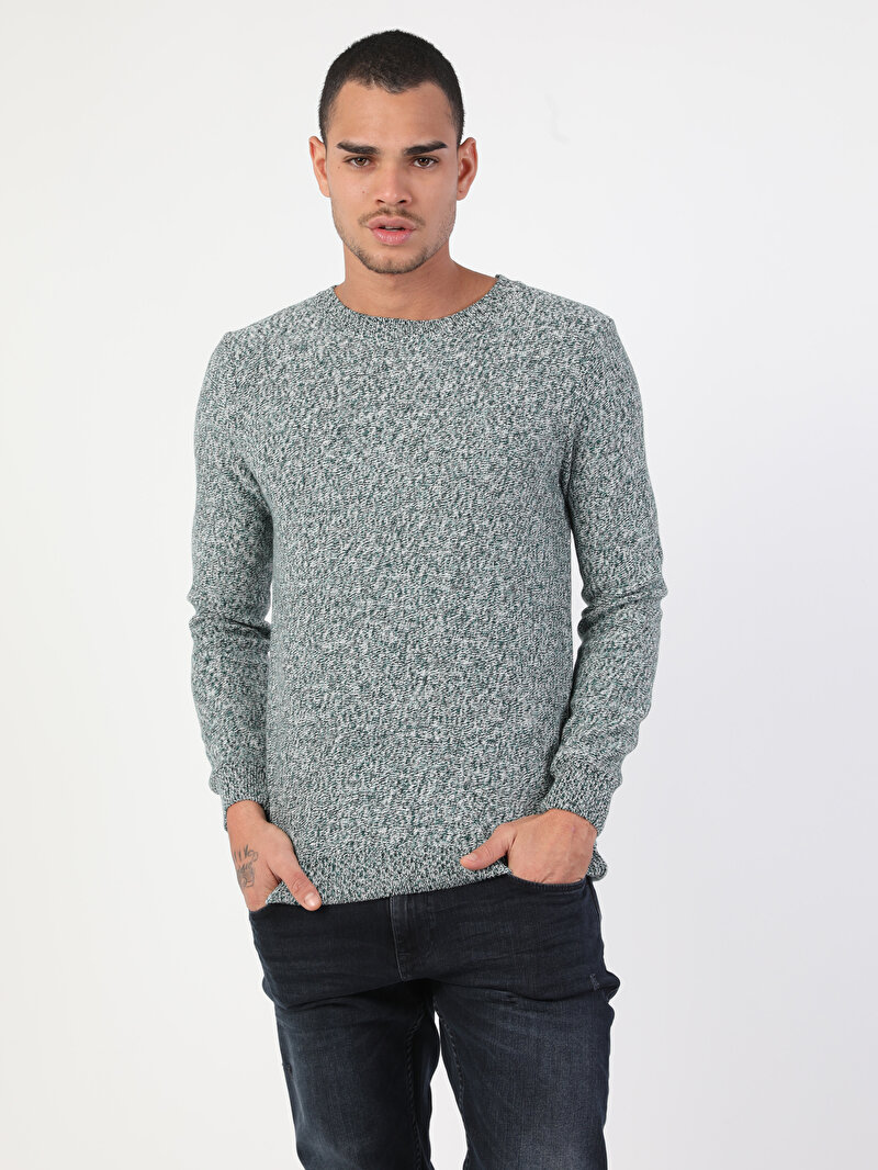 Slim Fit Yuvarlak Yaka Erkek Yeşil Kazak