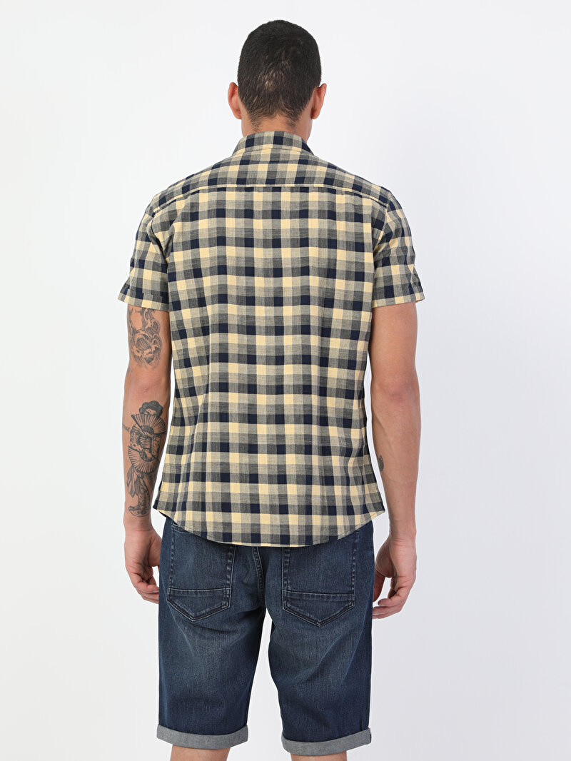 Slim Fit Shirt Neck Erkek Sarı Kısa Kol Gömlek