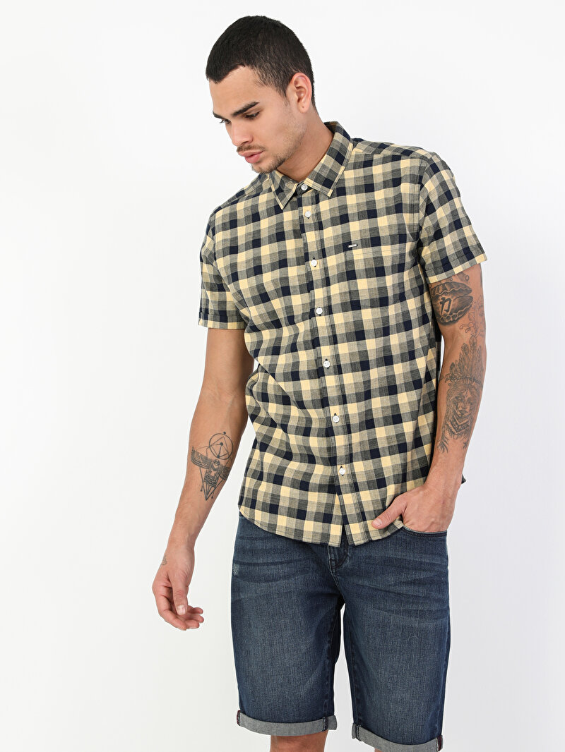 Slim Fit Shirt Neck Erkek Sarı Kısa Kol Gömlek