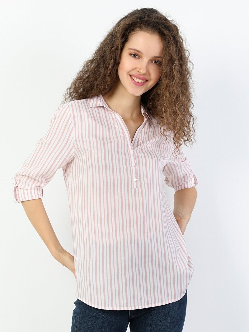 Regular Fit Shirt Neck Kadın Pembe Uzun Kol Bluz