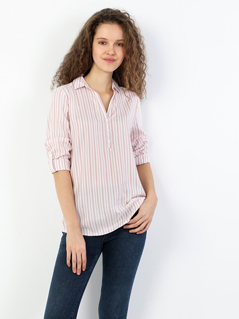 Regular Fit Shirt Neck Kadın Pembe Uzun Kol Bluz