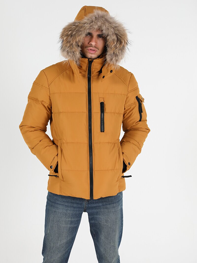  Regular Fit Kapüşonlu Erkek Sarı Mont