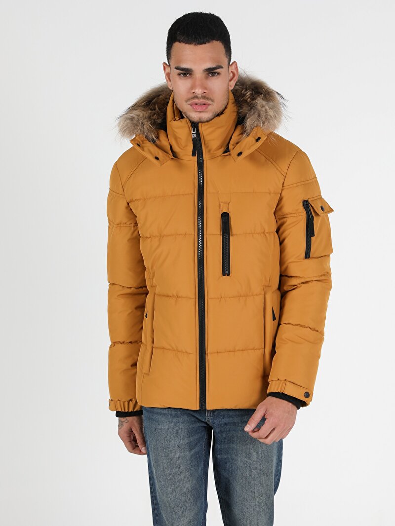  Regular Fit Kapüşonlu Erkek Sarı Mont