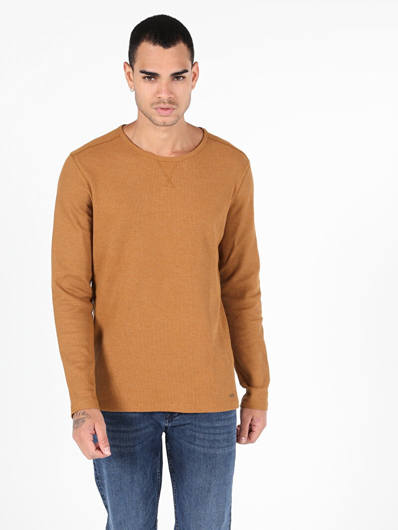 Slim Fit Yuvarlak Yaka Erkek Sari Uzun Kol Tişört