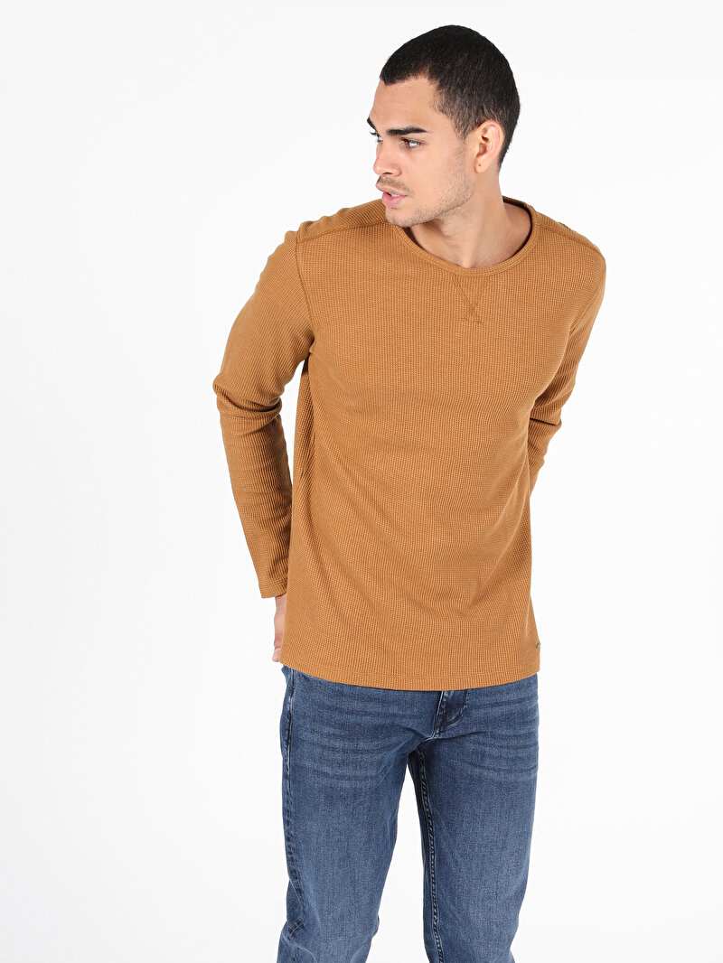 Slim Fit Yuvarlak Yaka Erkek Sari Uzun Kol Tişört