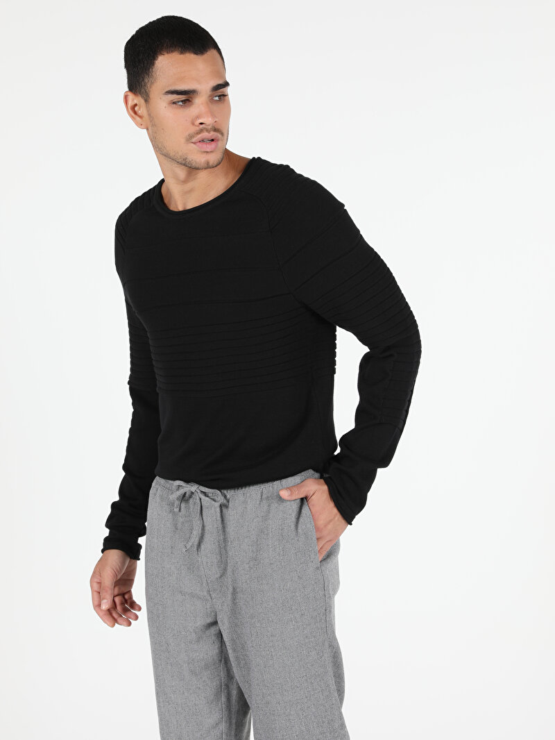 Slim Fit Yuvarlak Yaka Erkek Siyah Kazak