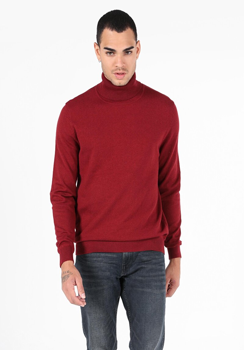 Slim Fit Balıkçı Yaka Jakarlı Erkek Kirmizi Kazak