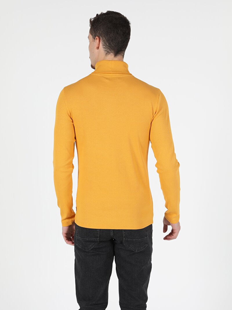 Slim Fit Yarım Balıkçı Yaka Düz Erkek Sari Uzun Kol Tişört