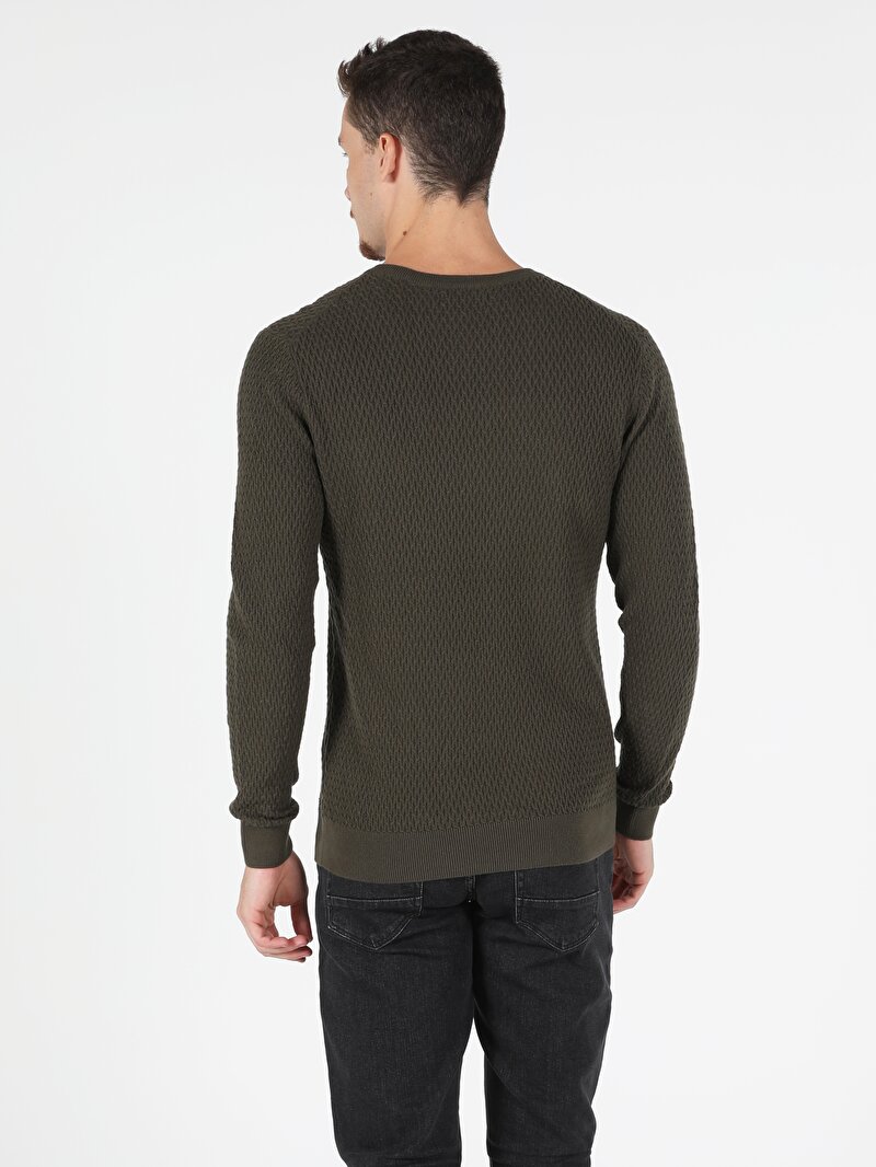 Slim Fit Yuvarlak Yaka Pamuklu Erkek Yeşil Kazak