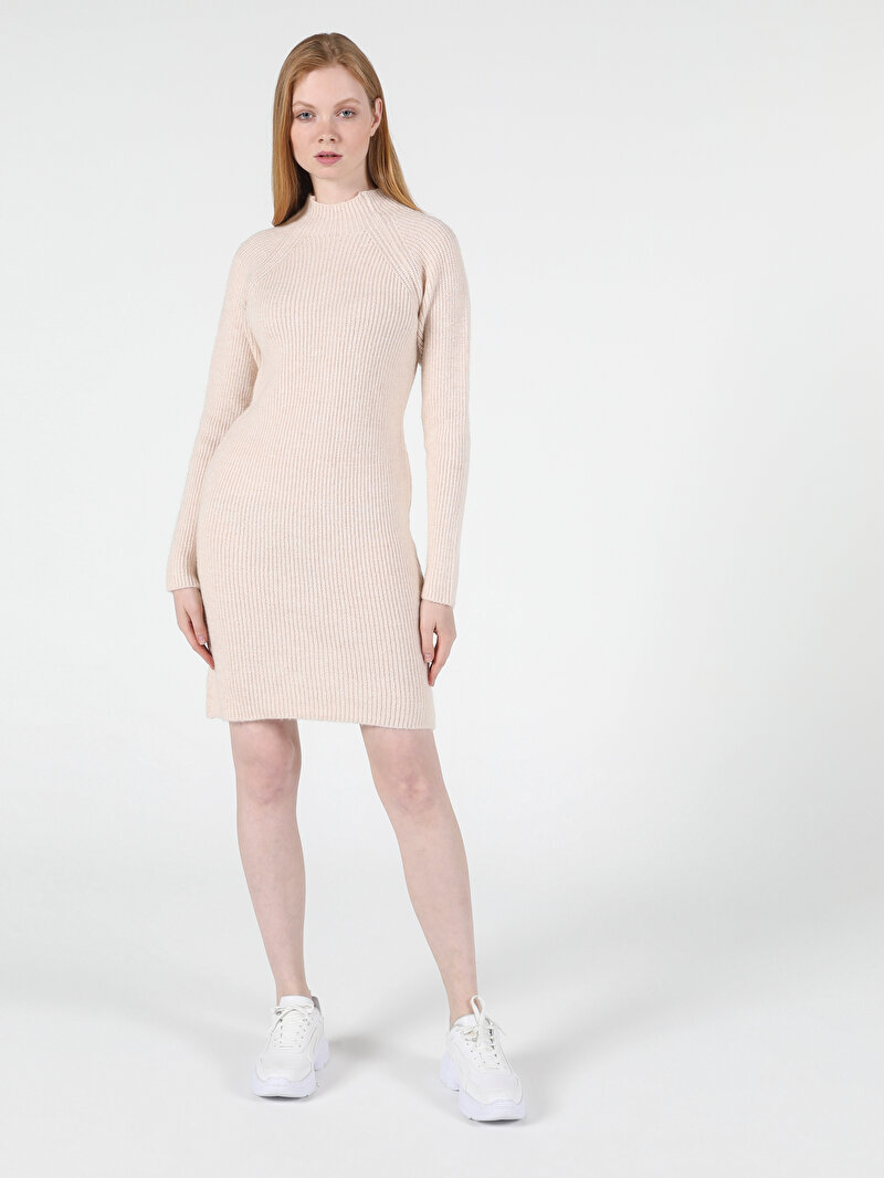 Slim Fit Kadın Bej Uzun Kol Elbise