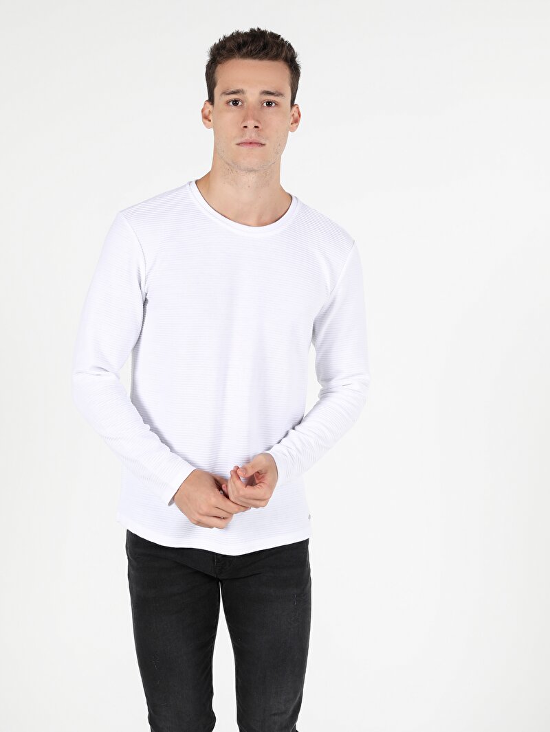Regular Fit Bisiklet Yaka Erkek Beyaz Tshirt U.Kol