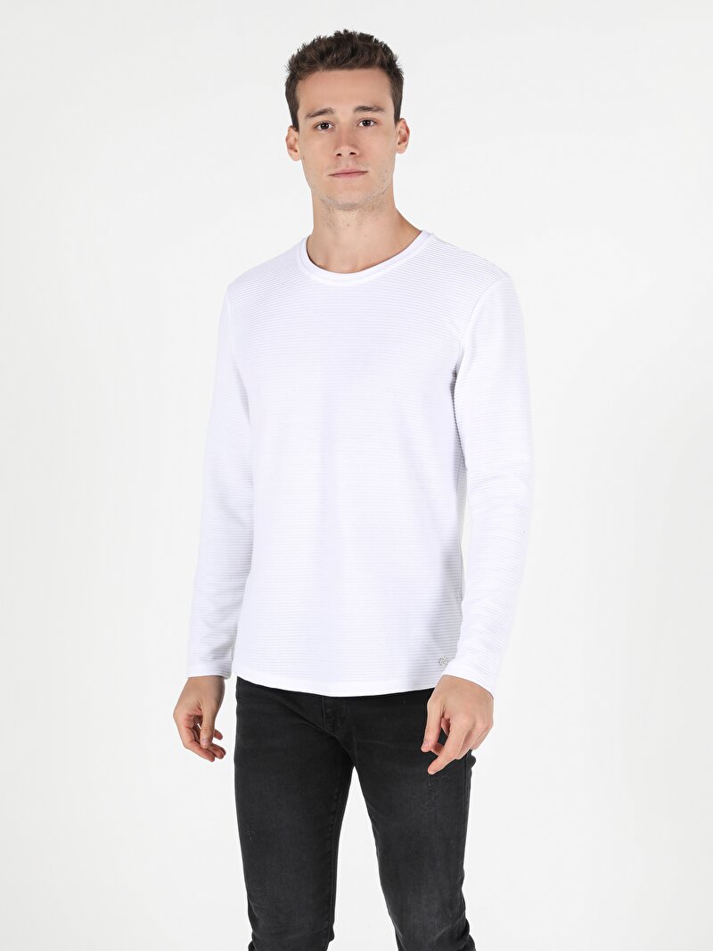 Regular Fit Bisiklet Yaka Erkek Beyaz Tshirt U.Kol