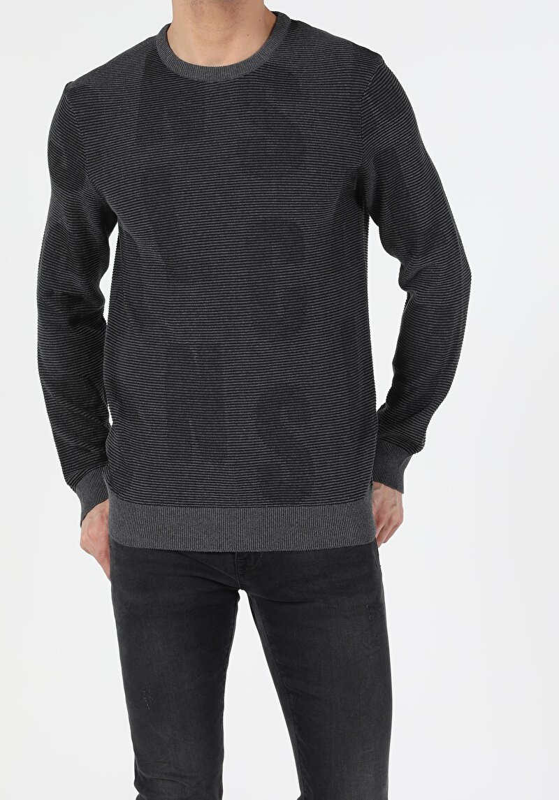 Slim Fit Yuvarlak Yaka Erkek Antrasit Kazak