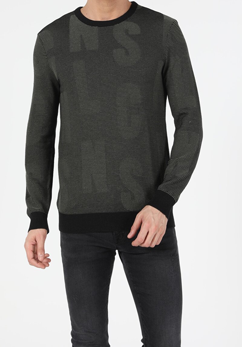 Slim Fit Yuvarlak Yaka Baskılı Erkek Yeşil Kazak