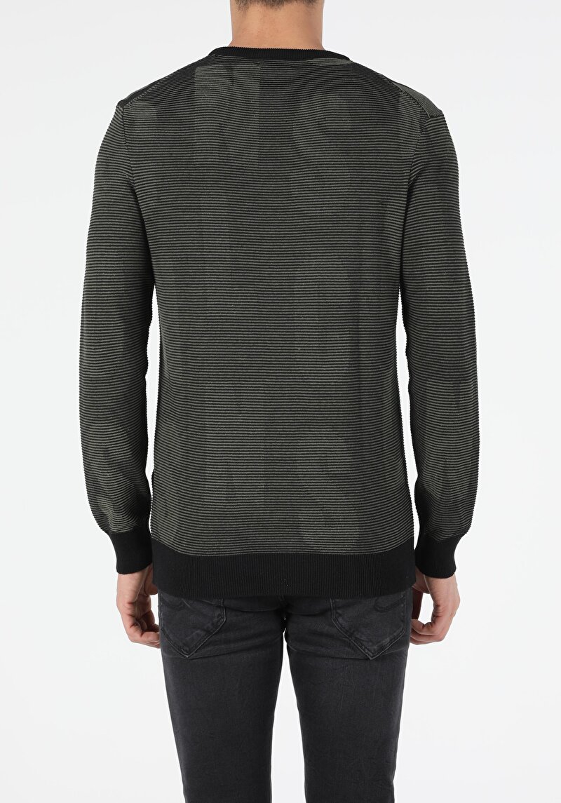 Slim Fit Yuvarlak Yaka Baskılı Erkek Yeşil Kazak