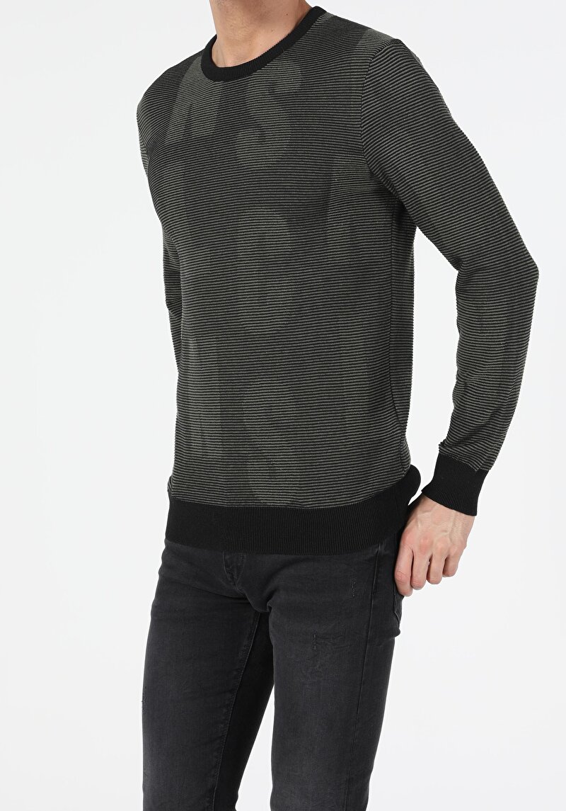 Slim Fit Yuvarlak Yaka Baskılı Erkek Yeşil Kazak