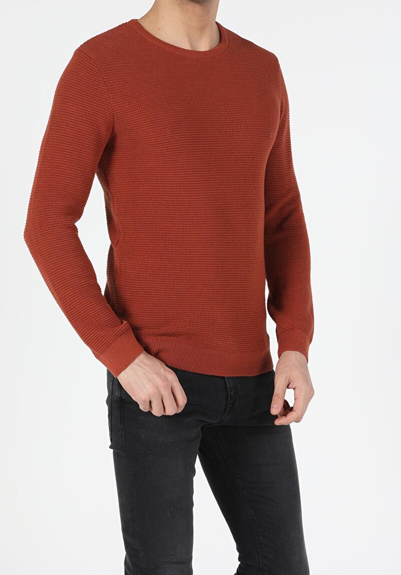 Slim Fit Yuvarlak Yaka Erkek Turuncu Kazak