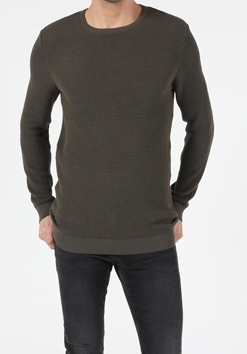 Slim Fit Yuvarlak Yaka Pamuklu Erkek Yeşil Kazak