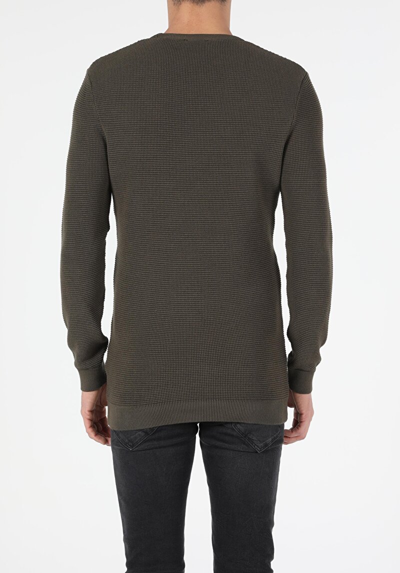 Slim Fit Yuvarlak Yaka Pamuklu Erkek Yeşil Kazak