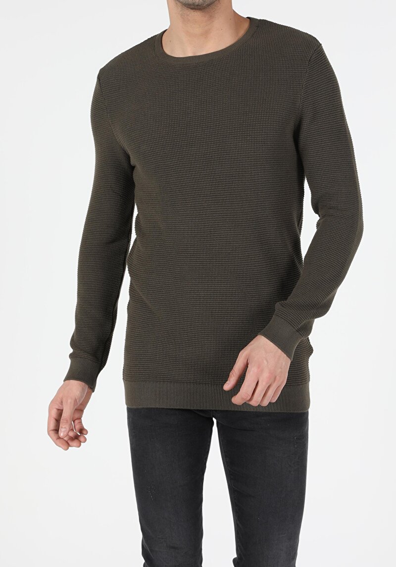 Slim Fit Yuvarlak Yaka Pamuklu Erkek Yeşil Kazak