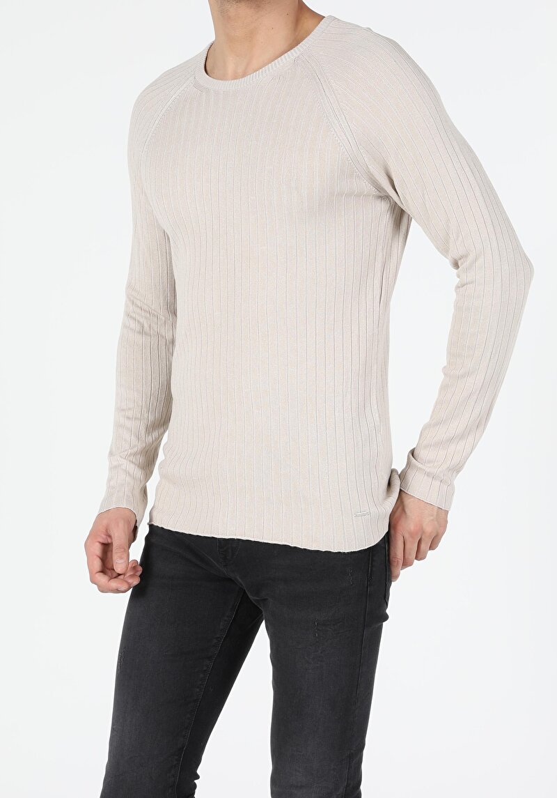 Slim Fit Yuvarlak Yaka Erkek Bej Kazak