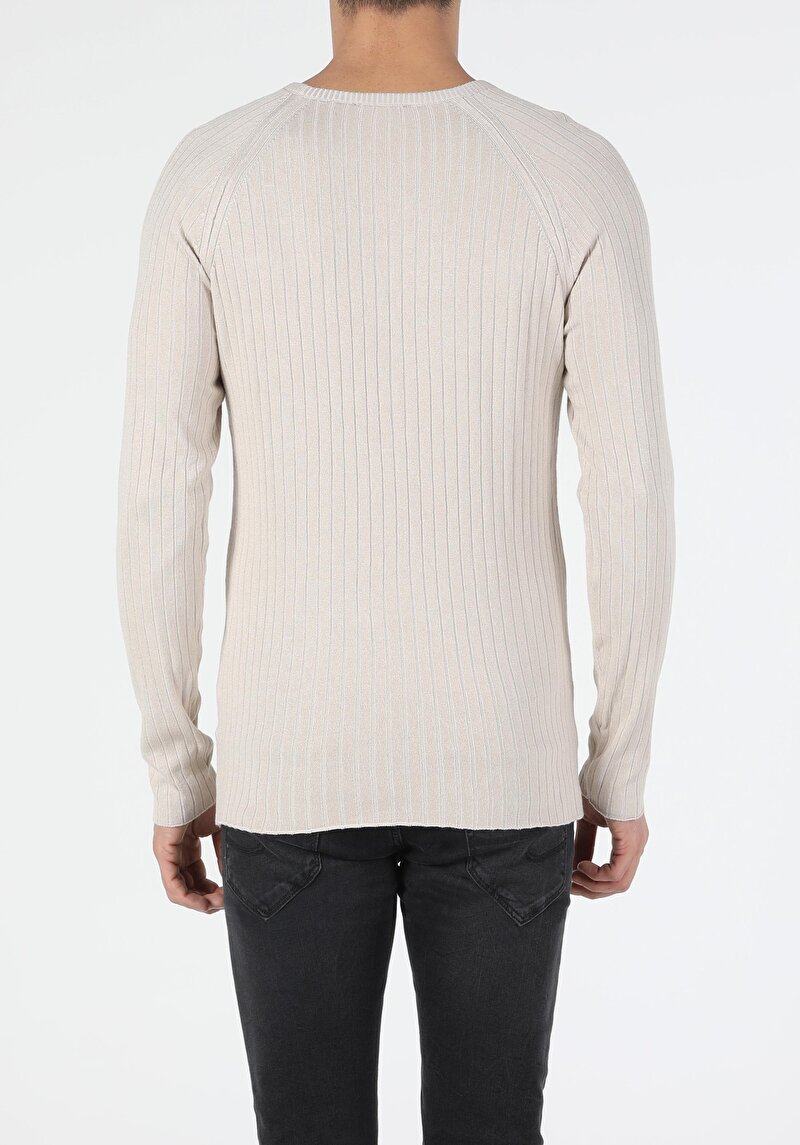 Slim Fit Yuvarlak Yaka Erkek Bej Kazak