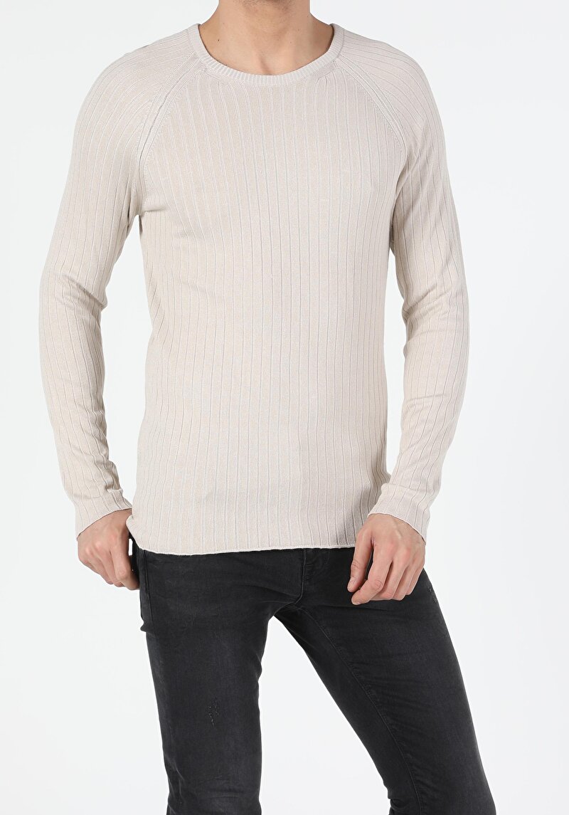 Slim Fit Yuvarlak Yaka Erkek Bej Kazak