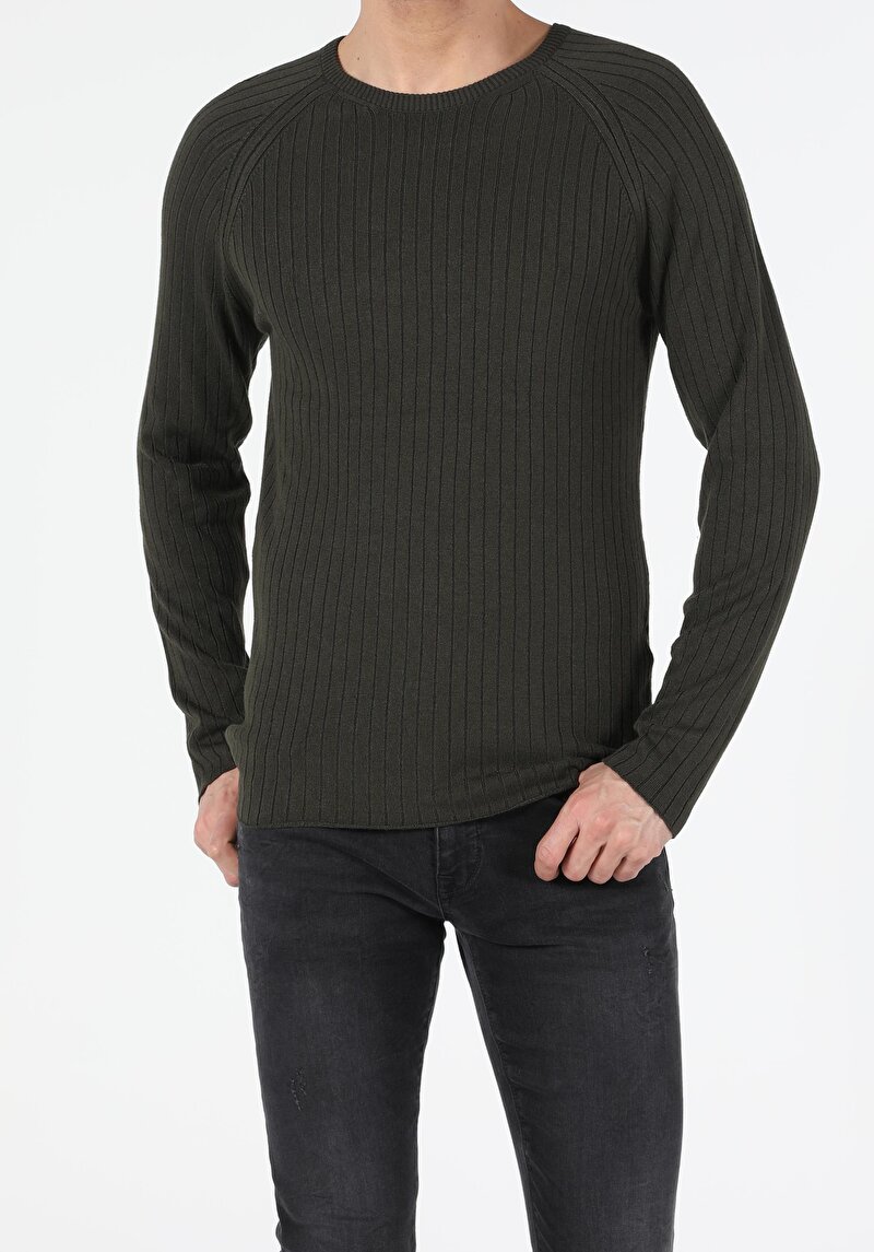 Slim Fit Yuvarlak Yaka Erkek Yeşil Kazak